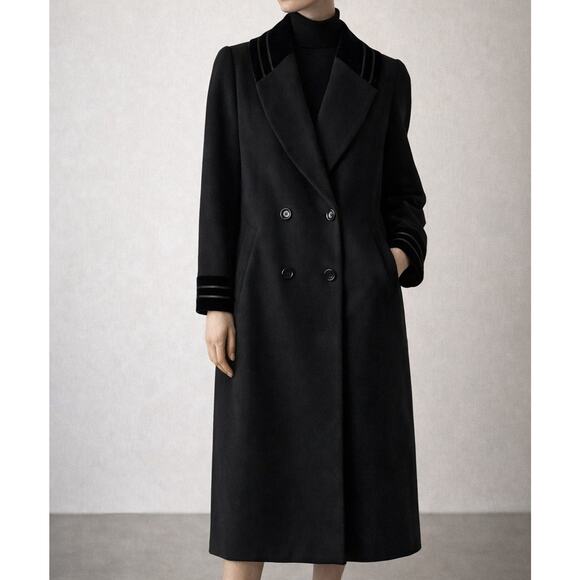 Alorna Jackets & Blazers - Alorna Wool Blend Double Breasted Longline Trench Coat VTG Black Velvet Collar